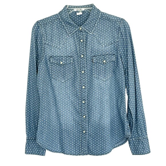 Levis Womens Pearl Snap Shirt sz M Blue Polka Dot Western Rodeo Cowgirl - Picture 1 of 7